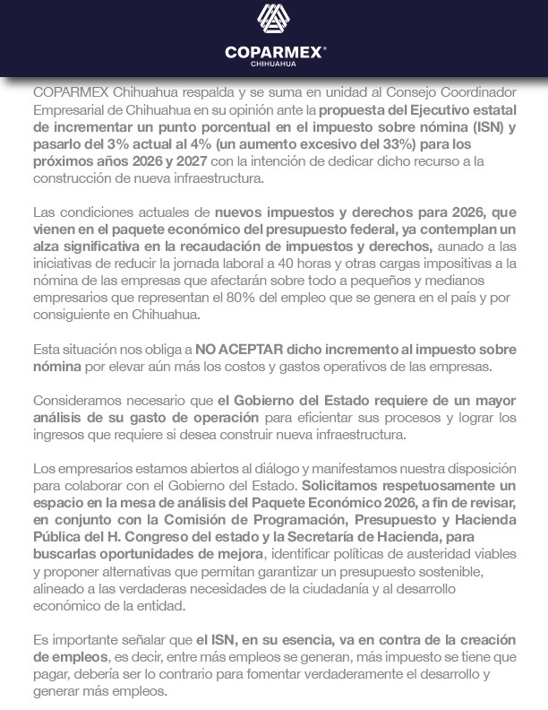 Se une COPARMEX Chihuahua al CCE Chihuahua; rechazan aumento al ISN